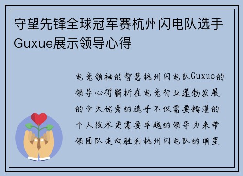 守望先锋全球冠军赛杭州闪电队选手Guxue展示领导心得